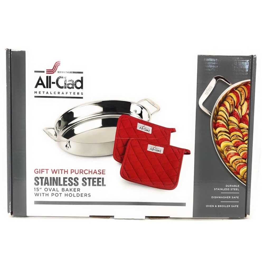 BNIB All-Clad Stainless Steel 15" Oval Baker with Pot Holders - $229 Retail